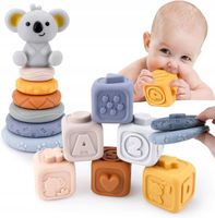 MIĘKKIE GUMOWE KLOCKI SENSORYCZNE WIEŻA PIRAMIDA EDUKACYJNA GRYZAKI MIŚ