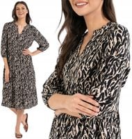 Sukienka Damska Midi Wiskozowa Wzorzysta Elegancka na Lato Beżowa MORAJ XXL