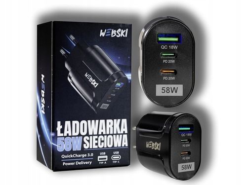 SIECIOWA ŁADOWARKA 3 PORTY USB 58W 2xUSB-C PD 20W +USB QuickCharge 3.0 18W na Arena.pl