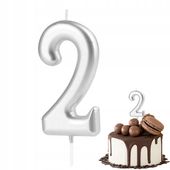 ŚWIECZKA URODZINOWA CYFERKA 2 SREBRNA METALICZNA NA IMPREZĘ URODZINOWĄ
