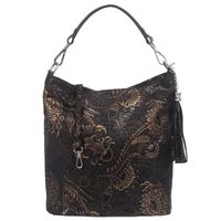 VERA PELLE torebka skórzana worek z frędzelkiem i paskiem V576 czarna