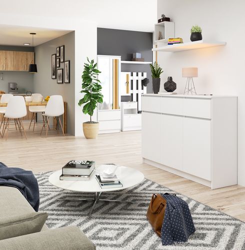 KOMODA K 140 cm 3 DRZWI 3 SZUFLADY BIAŁA na Arena.pl