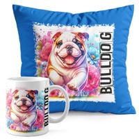 ZESTAW KUBEK + PODUSZKA NIEBIESKA - PIES PSY PIESEK RASA BULLDOG