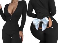 PIŻAMA Damska Z KLAPKĄ NA PUPIE Prezent KOKARDA Czarna L