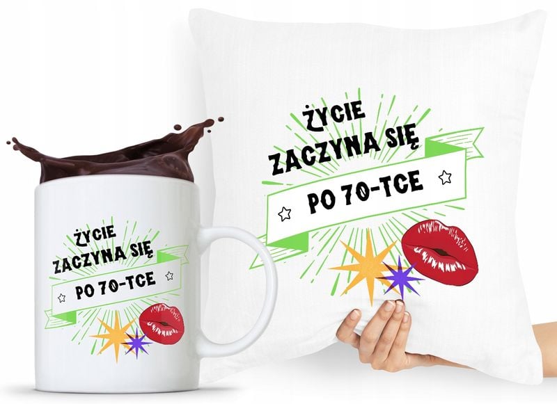 Zestaw Poduszka + Kubek Na Urodziny 70 70Te 70-Te Z Nadrukiem Ze Zdjęciem zdjęcie 1