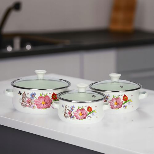 ZESTAW MAŁYCH GARNKÓW 0,7/1,2/1,7L EMALIOWANE WZÓR KWIATY GAZ INDUKCJA na Arena.pl