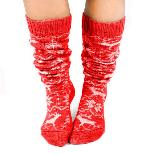 czerwone zakolanówki z świątecznym wzorem na Arena.pl