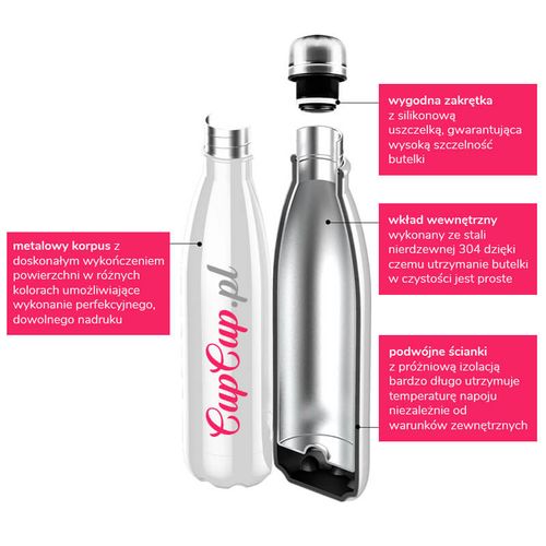 Metalowa butelka izotermiczna 500 ml z Twoim nadrukiem - biała na Arena.pl
