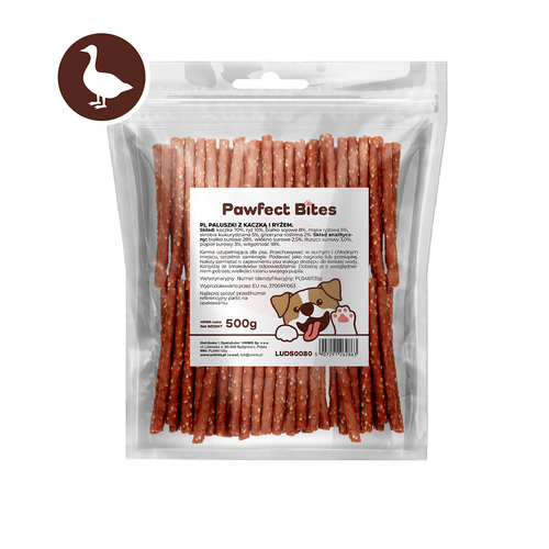 Smaczki przysmak dla psa kabanosy z kaczka i ryżem 500g PAWFECT BITES na Arena.pl