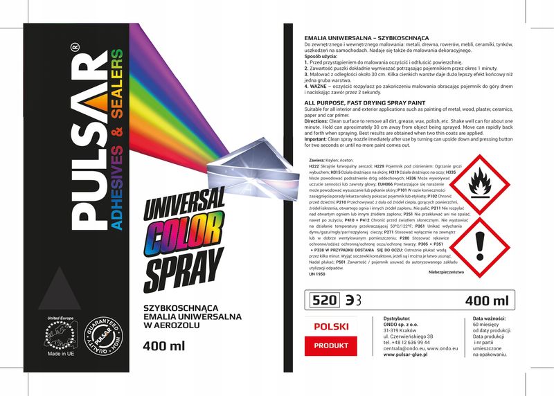 LAKIER NIEBIESKI POŁYSK PULSAR SPRAY RAL 5010 400 ml zdjęcie 3
