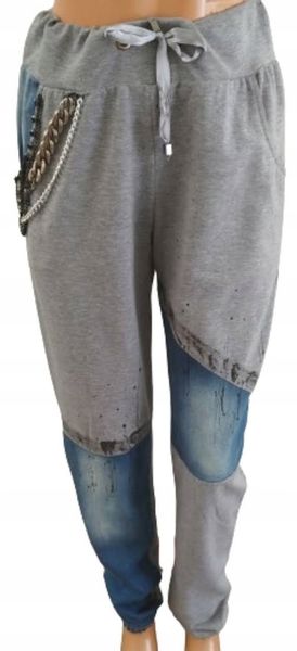 SPODNiE z jeansem i łańcuszkami ,kieszenie SHOP ART szare bawełna r.L zdjęcie 1