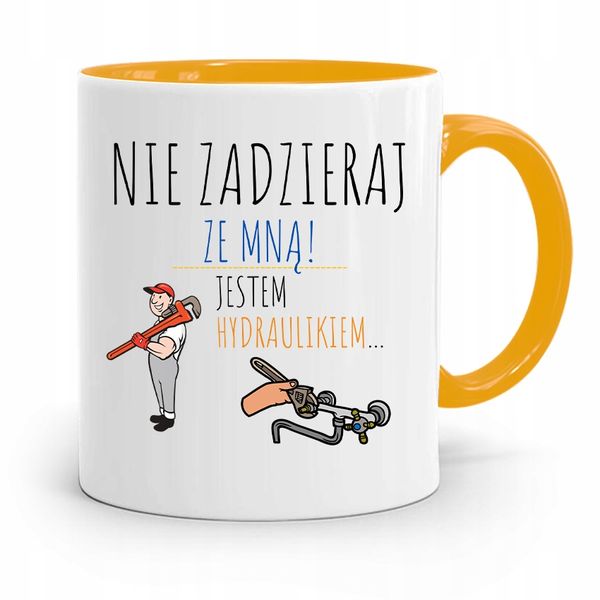 Kubek Żółty Prezent Dla Hydraulika Nie Zadzieraj Z Nadrukiem Ze Zdjęciem zdjęcie 1