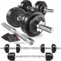 Hantle żeliwne 2x15kg zestaw z przedłużanym gryfem ryflowanym +