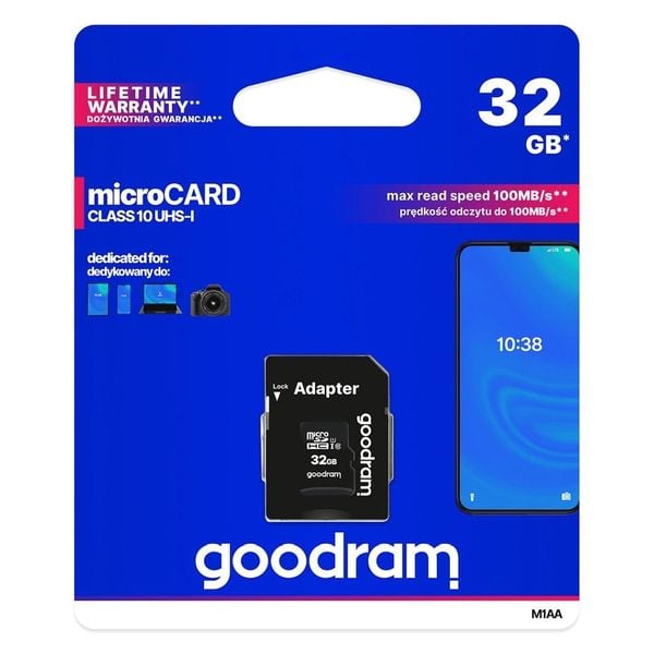 GOODRAM karta pamięci microSD 32GB 100MB/s class 10 UHS I z adapterem SD zdjęcie 1