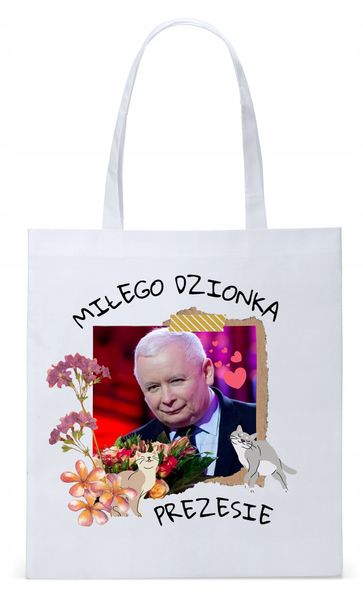 Śmieszny Pis Kaczyński Torba Eco Biała Shopper Z Nadrukiem Ze Zdjęciem zdjęcie 1