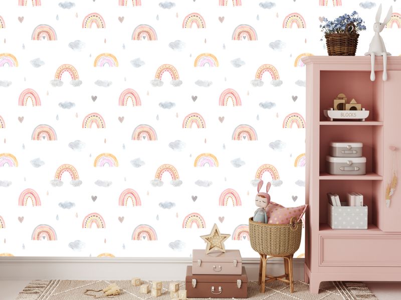 Tapeta W Rolce Dla Dziewczynki TĘCZE Akwarela Serduszka Chmurki Styl Boho zdjęcie 6