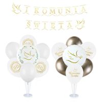 Zestaw balonów na stojaku z banerem I Komunia Święta dekoracja