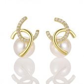 kolczyki ze stali szlachetnej pozłacane 14k złotem, cyrkonie, perły kst3515