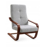 Fotel Finka bujany do salonu stelaż drewno orzech materiał szary