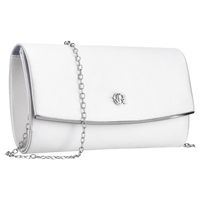 kopertówka damska wykonana w srebrnym kolorze, zawieszona na srebrnym