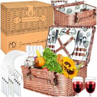 WIKLINOWY KOSZ PIKNIKOWY ZESTAW DLA 4 OSÓB ZASTAWA Z TALERZAMI KIELISZKAMI