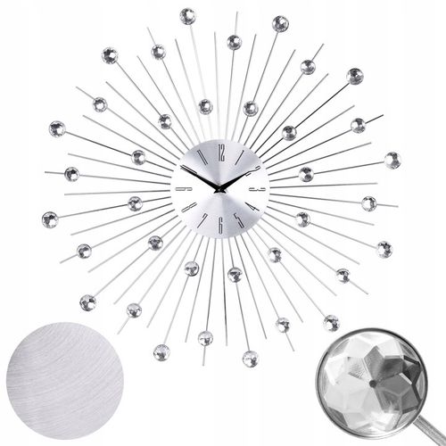 ZEGAR ŚCIENNY KRYSZTAŁKI SREBRNY SŁOŃCE DUŻY STYLOWY NA ŚCIANĘ CRISTAL 50cm na Arena.pl