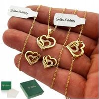 ZŁOTY ŁAŃCUSZEK Z SERDUSZKIEM + KOLCZYKI + BRANSOLETKA, KOMPLET + DEDYKACJA