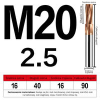Frez do gwintowania M0.8-M20 - wieloostrzowy Rozmiar: M20x2.5x90L - TiSiN
