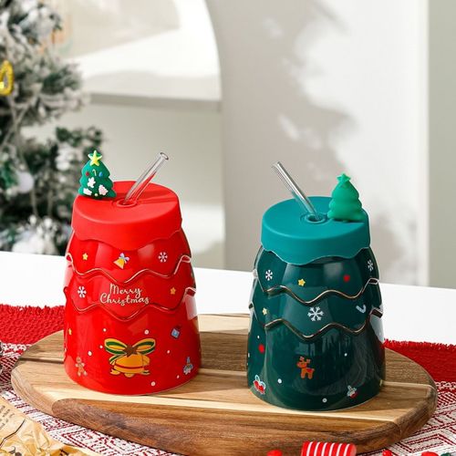 kubek świąteczny - zestaw z silikonową pokrywką i rurką 400ml, zielony na Arena.pl