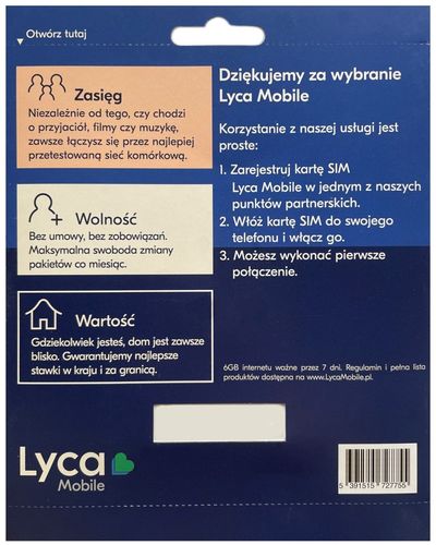 Lyca Mobile starter 5zł 6GB na start karta SIM na Arena.pl