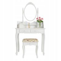 TOALETKA DREWNIANA BIAŁA Z LUSTREM OBROTOWYM I TABORETEM KOSMETYCZNA