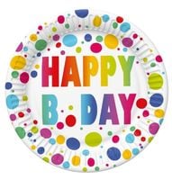 Talerzyki papierowe urodzinowe kropki Happy B'day Birthday, 18 cm 8 szt.