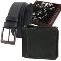 Zestaw prezentowy męski skórzany pasek portfel czarny pudełko Beltimore T79