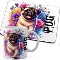 ZESTAW KUBEK + PODKŁADKA DRUK - PIES PSY PIESEK RASA MOPS PUG