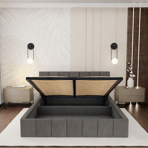 ŁÓŻKO TAPICEROWANE DO SYPIALNI 140x200 ŁÓŻKO PREMIUM Z POJEMNIKIEM SZARE na Arena.pl