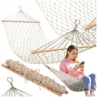 HAMAK OGRODOWY BOHO Z DRĄŻKIEM TURYSTYCZNY JEDNOOSOBOWY SIATKA BEŻ 200x80cm