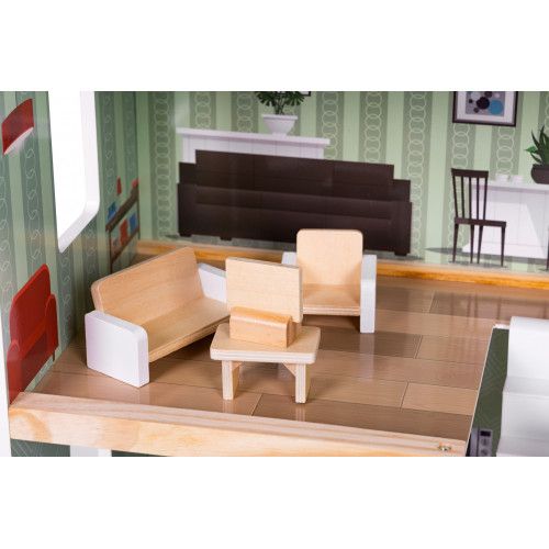 DOMEK DLA LALEK ECOTOYS DREWNIANY 3 POZIOMY 15 MEBELKÓW na Arena.pl