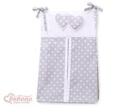 Przybornik- Torba na pampersy- Wiszące serduszka białe grochy na szarym