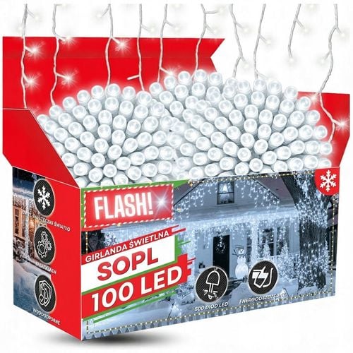 Kurtyna 100 LED 5,3 m Biały Zimny + Flash Sople Zewnętrzna Gumowy Przewód na Arena.pl
