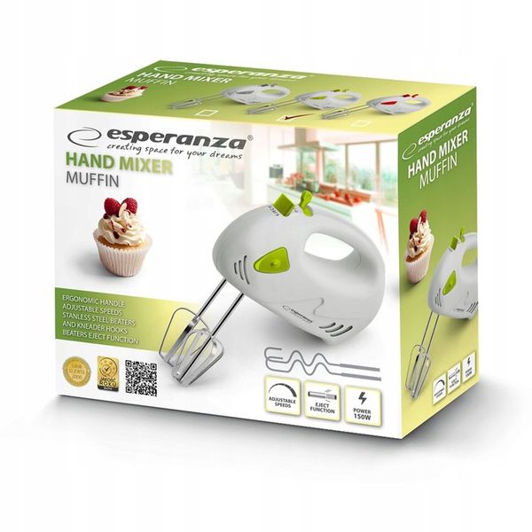 ESPERANZA MIKSER ROBOT RĘCZNY KUCHENNY MUFFIN 150W BIAŁY ZIELONY 7 BIEGÓW zdjęcie 4