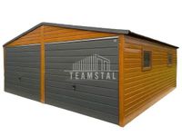 GARAŻ BLASZANY 6m x 6m poziom - dwuspad  - 2x Brama + drzwi + 2x okno - złoty dąb drewnopodobny + antracyt TS315 6x6