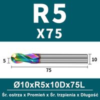Frez kulowy, kula 2-ostrzowy VHM powłoka DLC Rozmiar: Ø10.0xR5x10Dx75L