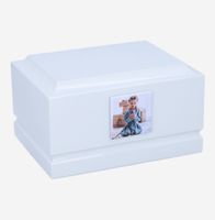 Biała drewniana urna dla dziecka ze zdjęciem Kolorowe