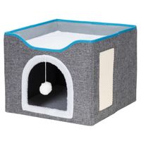 Legowisko dla kota z zabawką i drapakiem 42x41x34 cm koci domek, posłanie szare