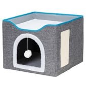 Legowisko dla kota z zabawką i drapakiem 42x41x34 cm koci domek, posłanie szare