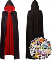 DWUSTRONNA PELERYNA NA HALLOWEEN Z KAPTUREM CZERWONO - CZARNA + NAKLEJKI