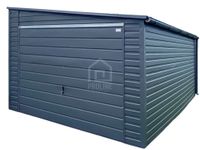 Garaż blaszany 4x5m brama uchylna antracyt dach spad w bok rynny PLG252