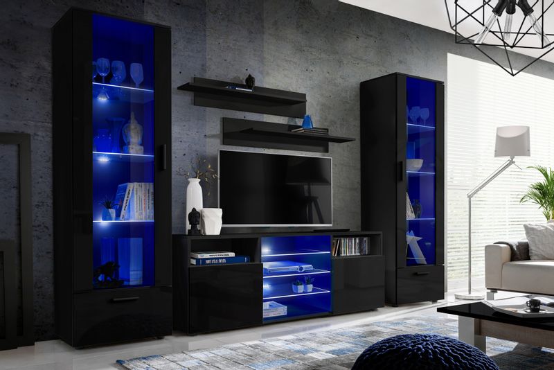 Pan Igiełka Szafka RTV LED Czarny Biały Dąb Wotan Połysk Mat  Blue LEDs zdjęcie 12