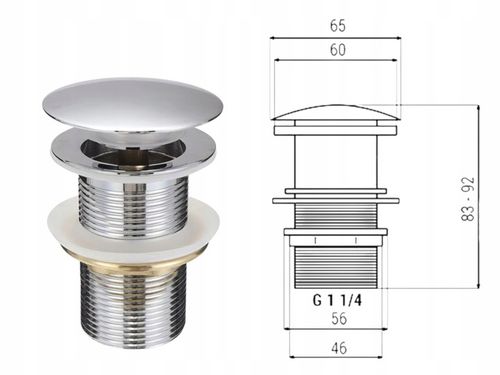 Korek Umywalkowy BEZ Przelewu Automatyczny "Klik Klak" Srebrny chrom połysk na Arena.pl