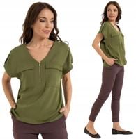 Damska Bluzka Wiskozowa Dekolt V Luźny Krój Zamek MORAJ ZIELONA KHAKI 4XL
